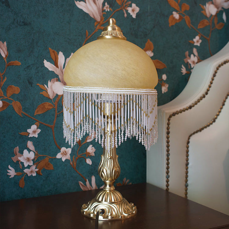 Traditional Vintage Half Round Cylinder Tassel Copper Glass 1-Light Table Lamp For Bedroom