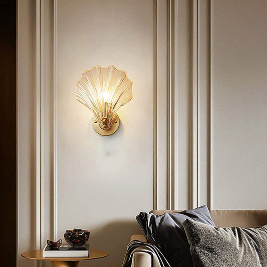 現代的なスカンジナビアシェルディスクベースアイアンブラスガラス1ライト壁取り付け用燭台ランプ寝室用