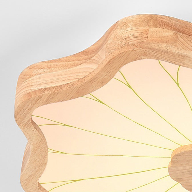 Traditional Chinese Lotus Leaf Petal Solid Wood Iron Acrylic LED Flush Mount Ceiling Light For Bedroom