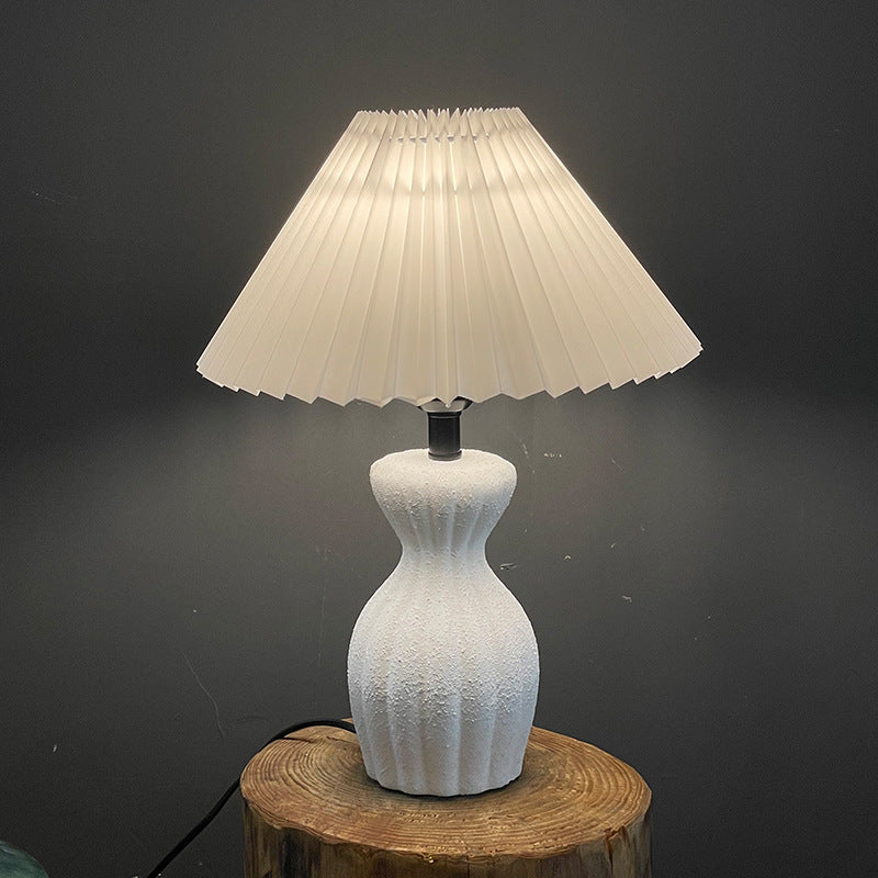 Contemporary Scandinavian Oval Bottle Striped Round Table Pleated Ceramic Fabric 1-Light Table Lamp For Bedroom