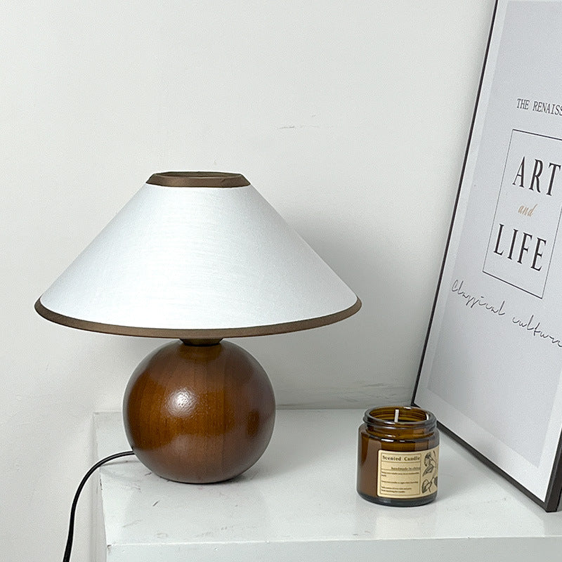 Traditional Vintage Round Table Ball Wooden Fabric 1-Light Table Lamp For Bedroom