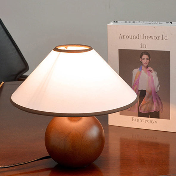 Traditional Vintage Round Table Ball Wooden Fabric 1-Light Table Lamp For Bedroom