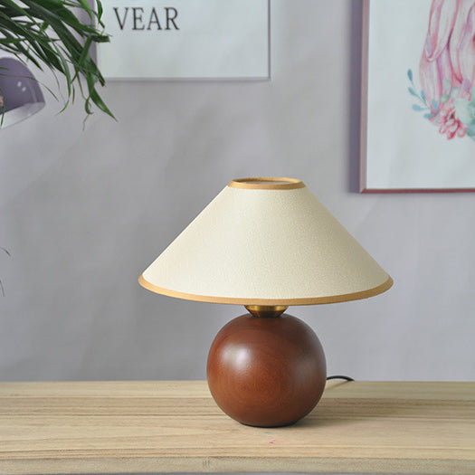 Traditional Vintage Round Table Ball Wooden Fabric 1-Light Table Lamp For Bedroom