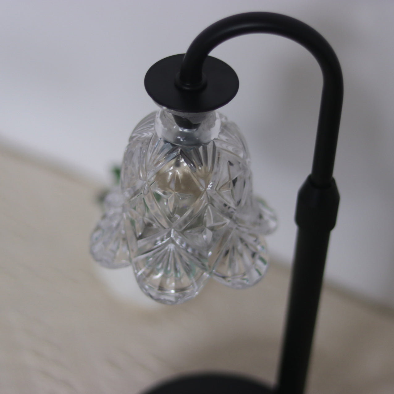 Contemporary Scandinavian Floral Disc Base Iron Wood Glass 1-Light Melting Wax Table Lamp For Bedroom