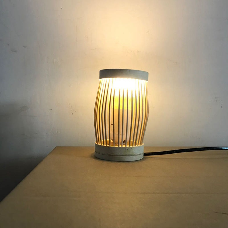 Traditional Japanese Oval Round Bar Hollow Bamboo 1-Light Table Lamp For Bedroom