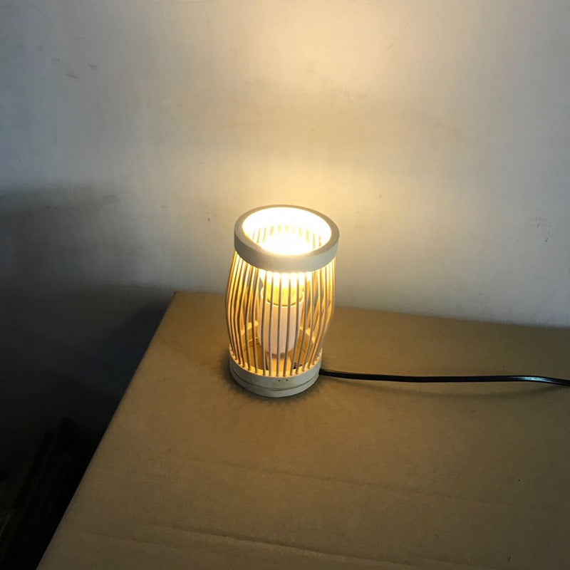 Traditional Japanese Oval Round Bar Hollow Bamboo 1-Light Table Lamp For Bedroom