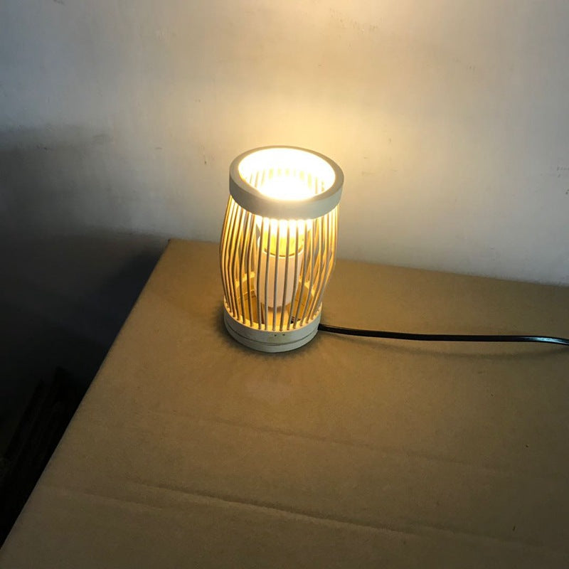 Traditional Japanese Oval Round Bar Hollow Bamboo 1-Light Table Lamp For Bedroom