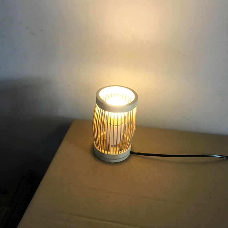 Traditional Japanese Oval Round Bar Hollow Bamboo 1-Light Table Lamp For Bedroom