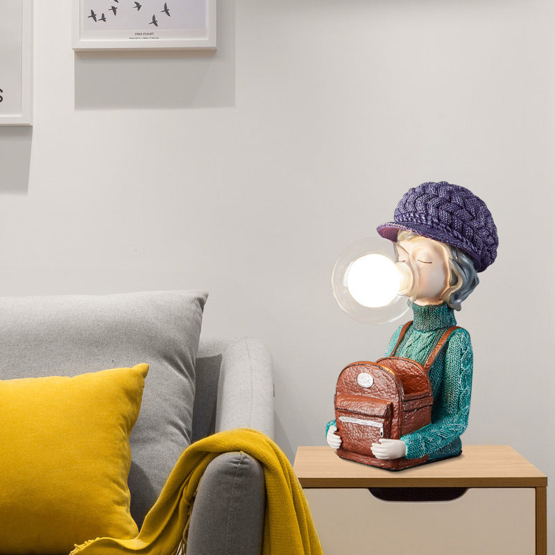 Contemporary Creative Girl Bubbles Vase Backpack Resin Glass 1-Light Table Lamp For Bedroom