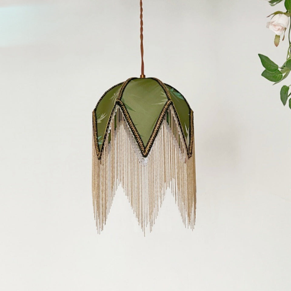 Traditional Vintage Semicircle Triangle Tassel Disc Base Iron Fabric 1-Light Pendant Light For Bedroom