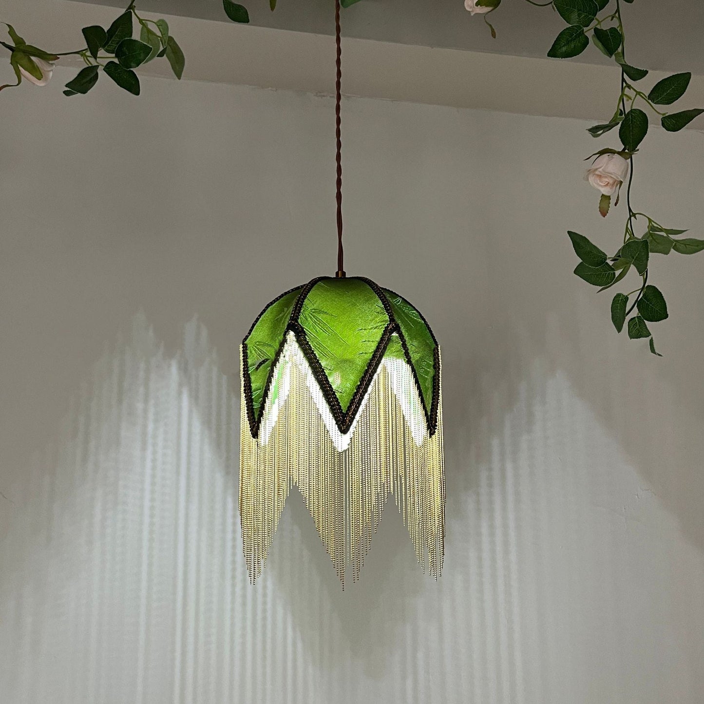 Traditional Vintage Semicircle Triangle Tassel Disc Base Iron Fabric 1-Light Pendant Light For Bedroom