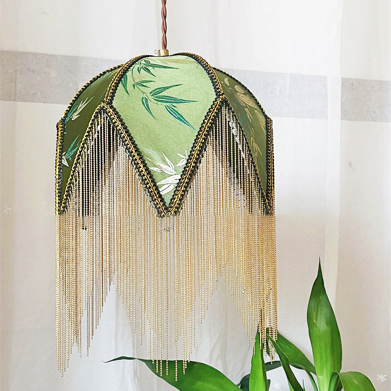 Traditional Vintage Semicircle Triangle Tassel Disc Base Iron Fabric 1-Light Pendant Light For Bedroom