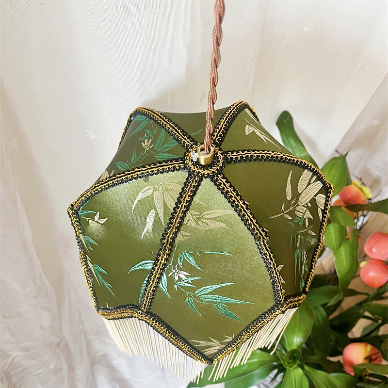 Traditional Vintage Semicircle Triangle Tassel Disc Base Iron Fabric 1-Light Pendant Light For Bedroom