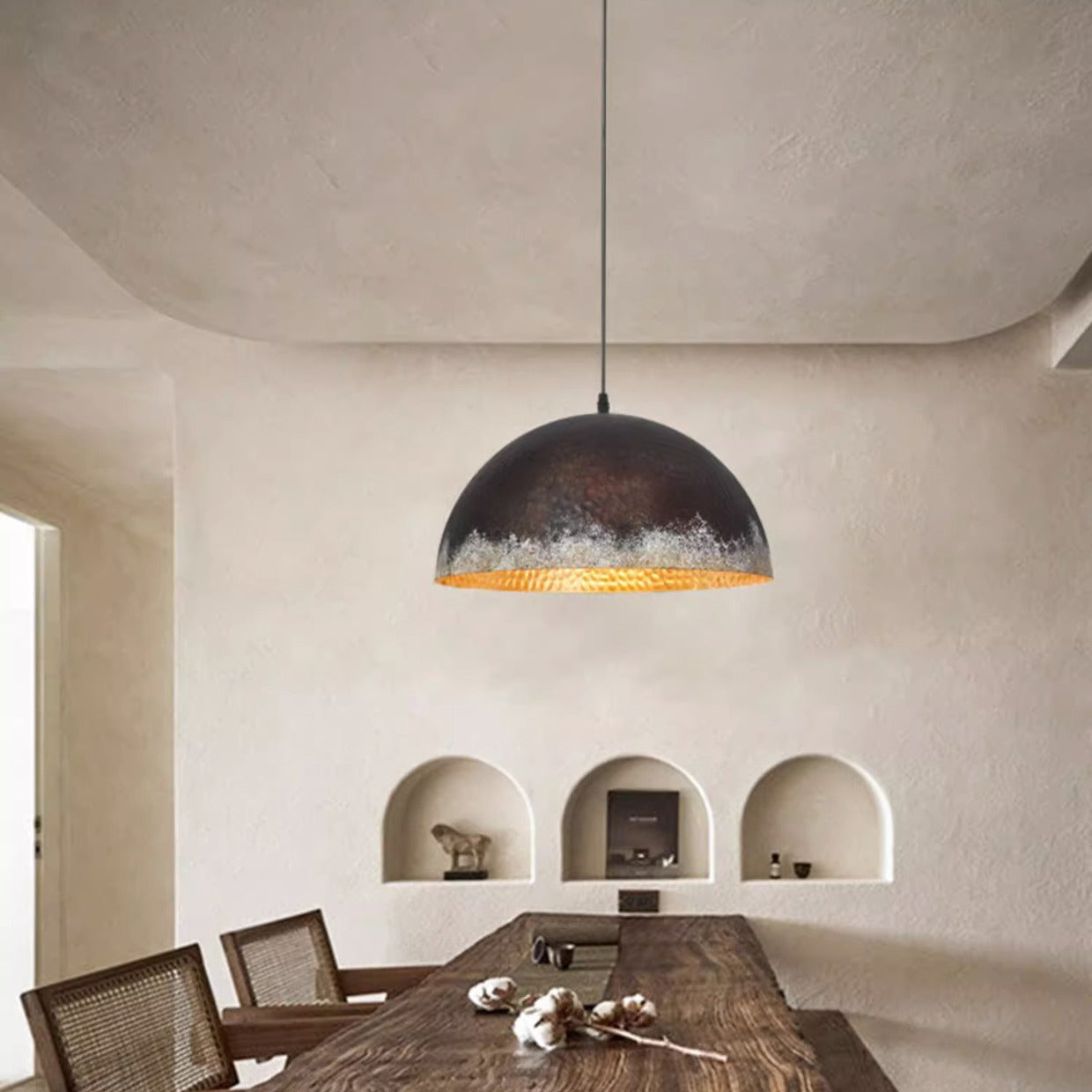 Traditional Vintage Semicircle Oval Dot Hand Painted Steel 1-Light Pendant Light For Living Room