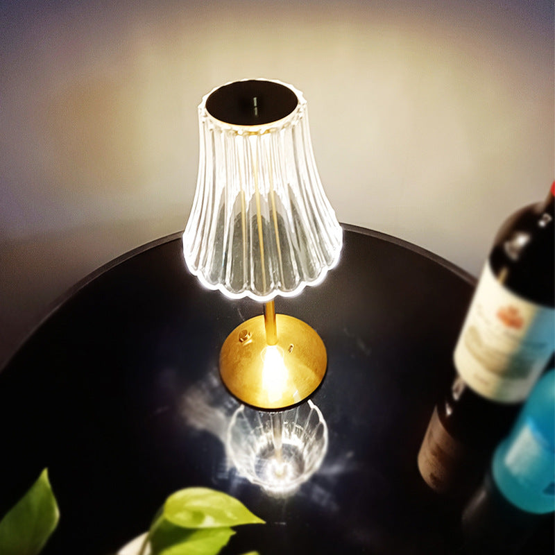 Traditional Vintage Round Striped Cylinder Semicircle Base Rechargeable Iron Crystal LED Table Lamp For Bedroom