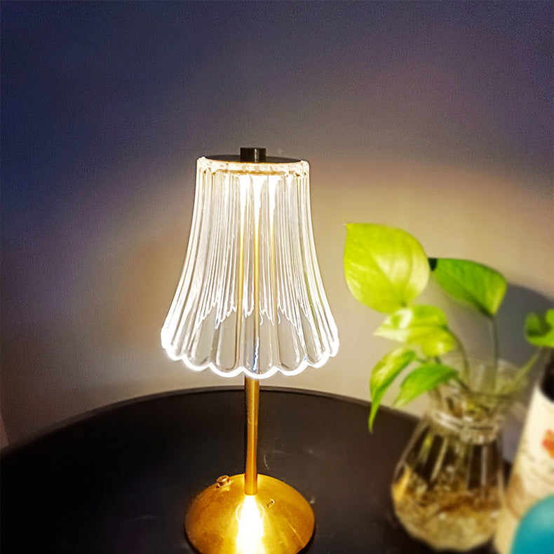 Traditional Vintage Round Striped Cylinder Semicircle Base Rechargeable Iron Crystal LED Table Lamp For Bedroom