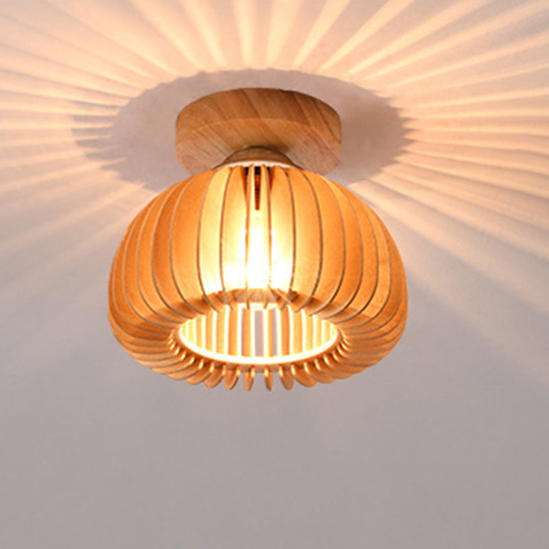 Traditional Vintage Pumpkin Flake Wood Iron 1-Light Semi-Flush Mount Ceiling Light For Living Room