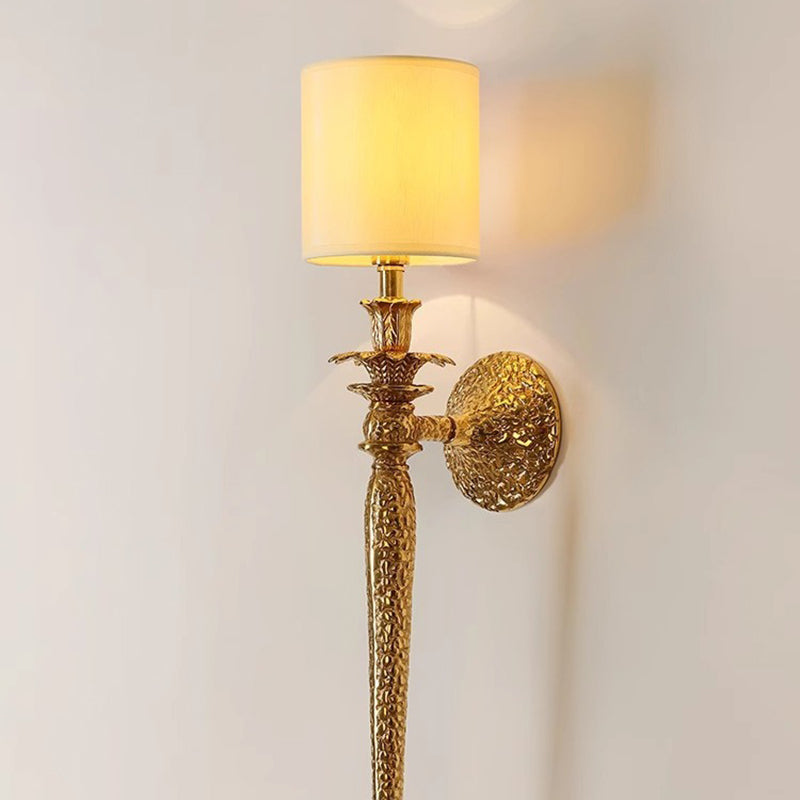Traditional Vintage Cylinder Long Leaf Vein Full Copper Fabric 1-Light Wall Sconce Lamp For Living Room