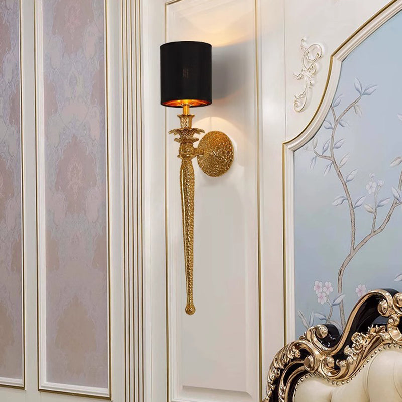 Traditional Vintage Cylinder Long Leaf Vein Full Copper Fabric 1-Light Wall Sconce Lamp For Living Room