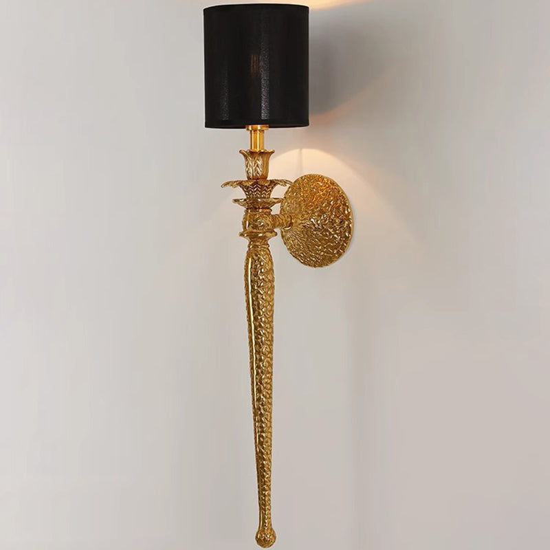 Traditional Vintage Cylinder Long Leaf Vein Full Copper Fabric 1-Light Wall Sconce Lamp For Living Room