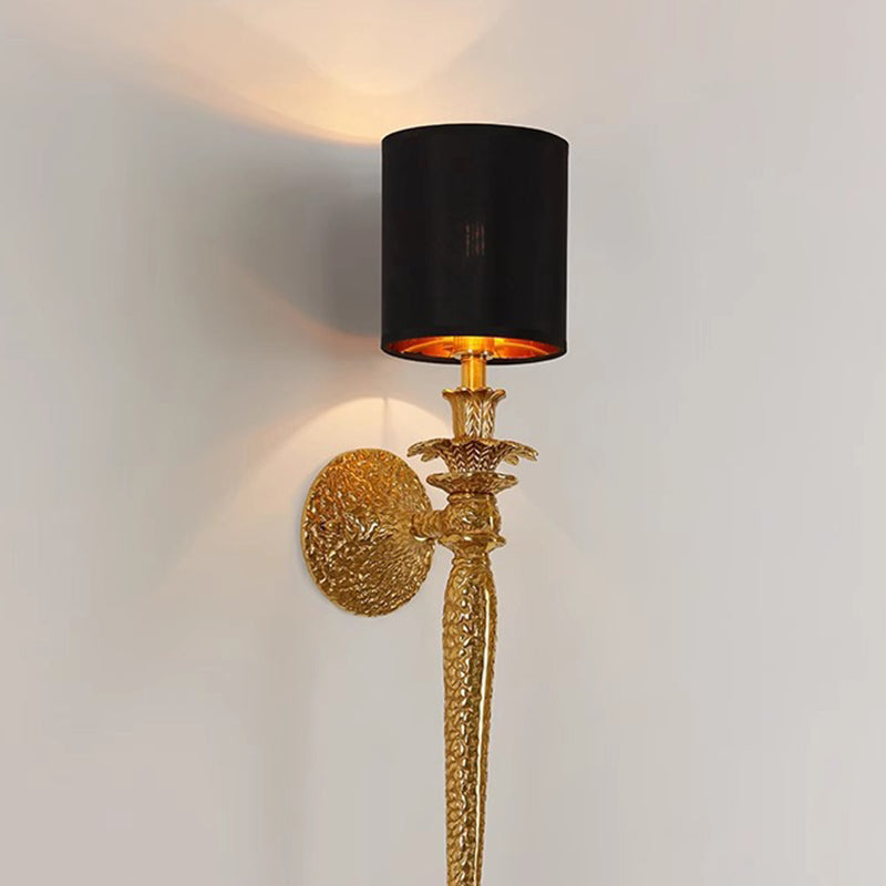 Traditional Vintage Cylinder Long Leaf Vein Full Copper Fabric 1-Light Wall Sconce Lamp For Living Room