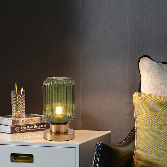 現代的なスカンジナビアの丸型シリンダーストライプアイアンガラス1灯テーブルランプ寝室用