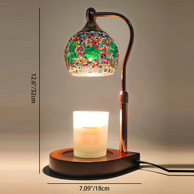 Traditional Vintage Spherical Dotted Rhombus Floral Square Round Base Iron Wood Glass 1-Light Melting Wax Table Lamp For Bedroom