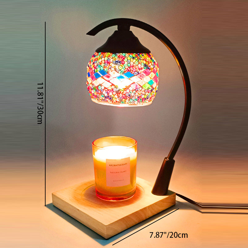 Traditional Vintage Spherical Dotted Rhombus Floral Square Round Base Iron Wood Glass 1-Light Melting Wax Table Lamp For Bedroom