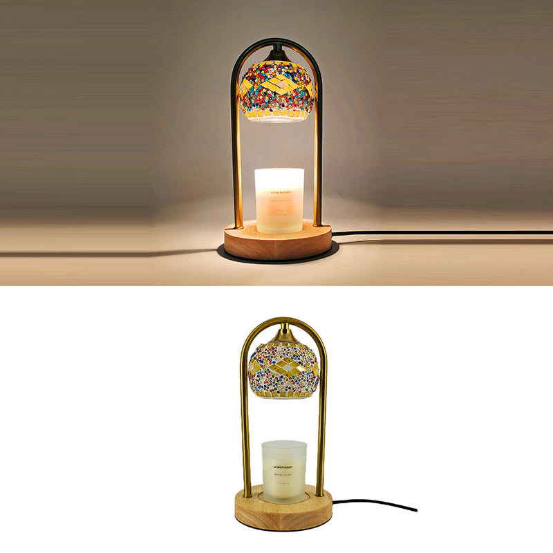 Traditional Vintage Spherical Dotted Rhombus Floral Square Round Base Iron Wood Glass 1-Light Melting Wax Table Lamp For Bedroom