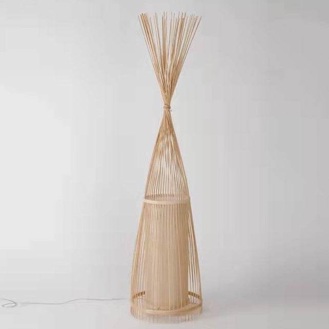 Traditional Vintage Cone Cylinder Bamboo Rattan 1-Light Standing Floor Lamp For Bedroom