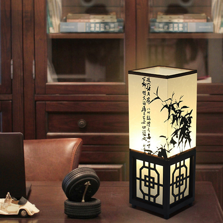 Traditional Chinese Rectangle Bamboo Leaf Pattern Wood Faux Parchment 1-Light Table Lamp For Bedroom