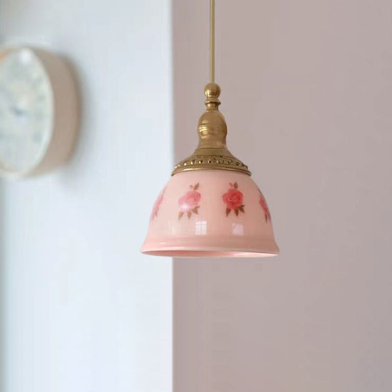 Traditional French Semicircle Floral Textured Copper Resin 1-Light Pendant Light For Bedroom