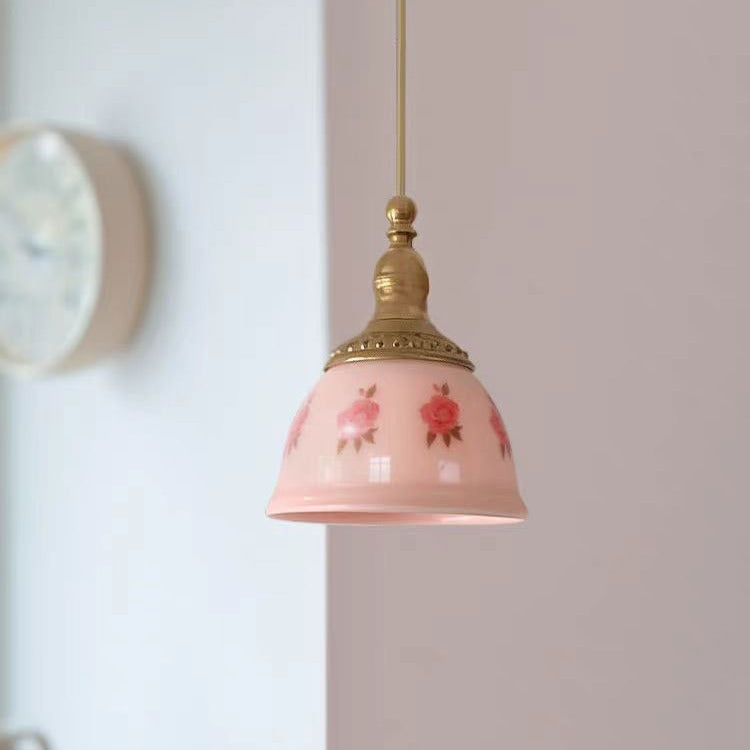 Traditional French Semicircle Floral Textured Copper Resin 1-Light Pendant Light For Bedroom
