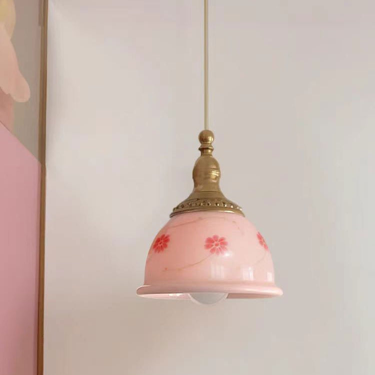 Traditional French Semicircle Floral Textured Copper Resin 1-Light Pendant Light For Bedroom