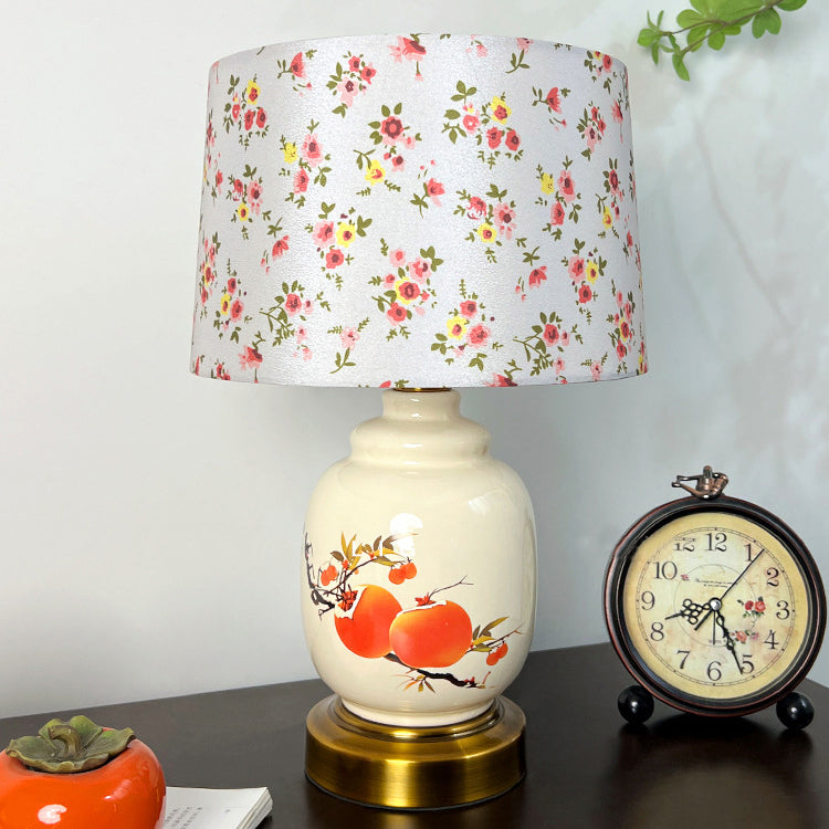 Traditional Chinese Oval Cylinder Persimmon Tree Branch Ceramic Metal Fabric 1-Light Table Lamp For Bedroom