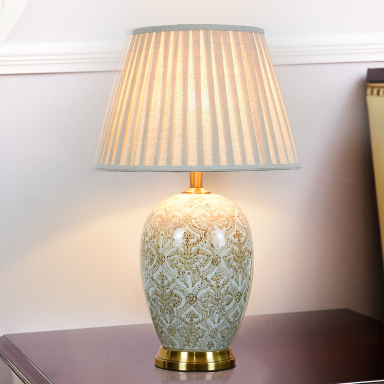 Traditional Vintage Oval Round Table Pleated Pattern Ceramic Metal Fabric 1-Light Table Lamp For Living Room