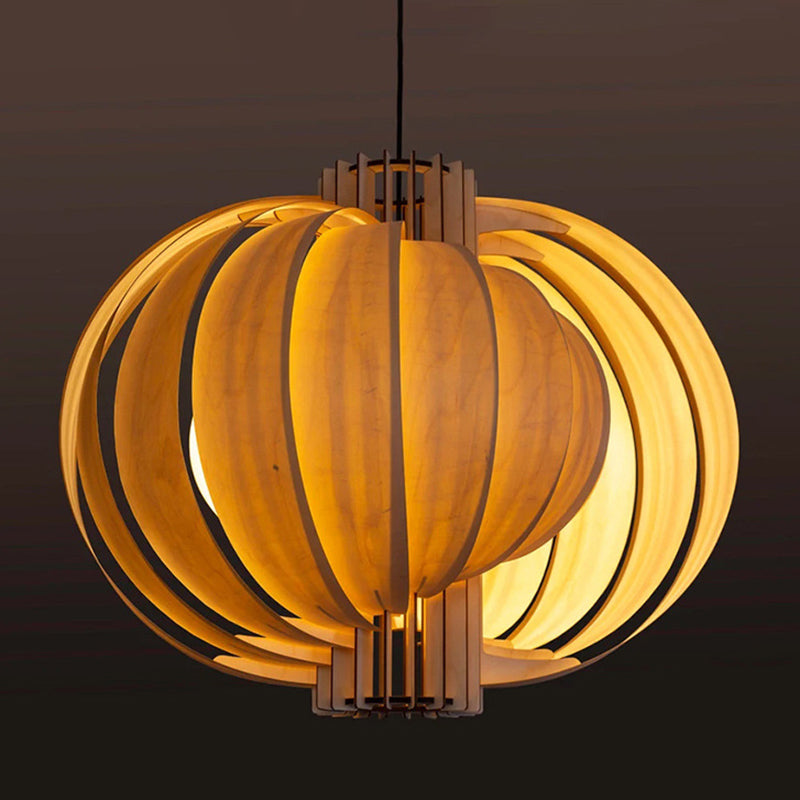 Traditional Vintage Cylindrical Semi-circular Flake Spiral Wooden 1-Light Pendant Light For Living Room