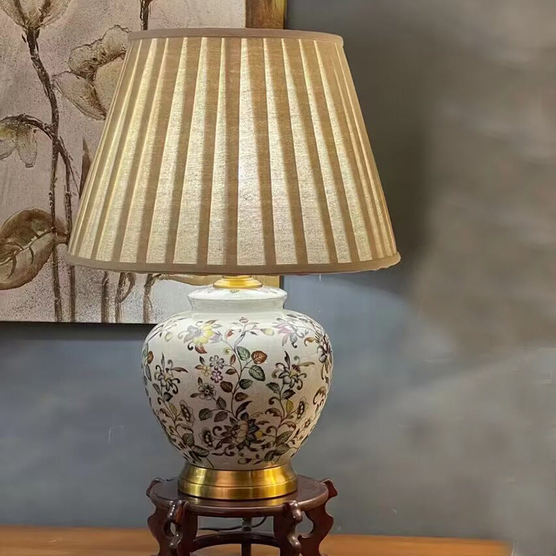 Traditional Vintage Oval Round Plum Blossom Ceramic Metal Fabric 1-Light Table Lamp For Living Room