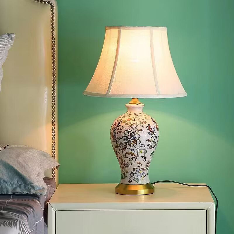 Traditional Vintage Oval Round Plum Blossom Ceramic Metal Fabric 1-Light Table Lamp For Living Room