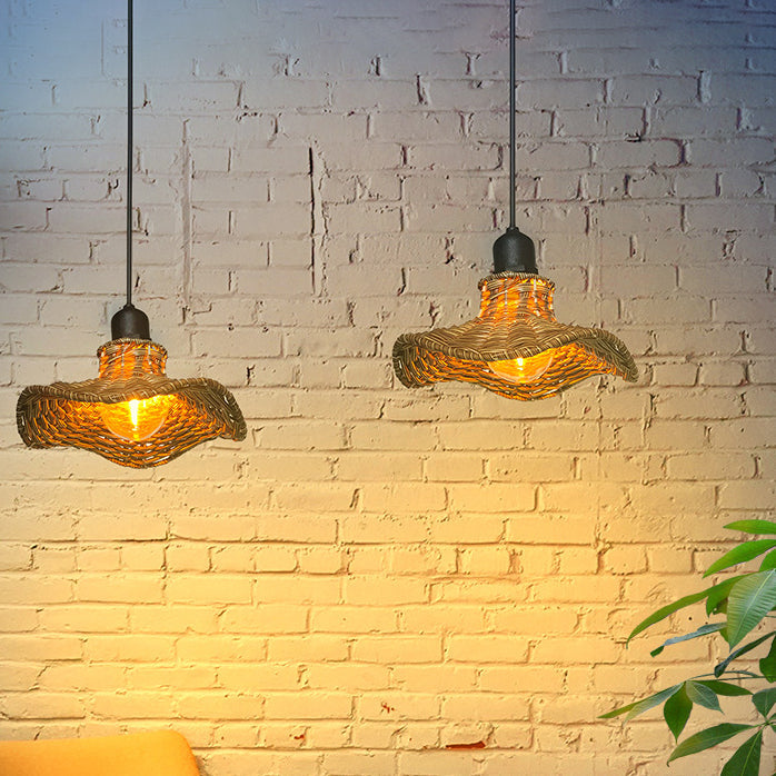 Traditional Vintage Waterproof Lotus Leaf PE Rattan 1-Light Pendant Light For Outdoor Patio