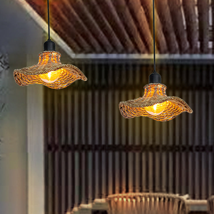 Traditional Vintage Waterproof Lotus Leaf PE Rattan 1-Light Pendant Light For Outdoor Patio