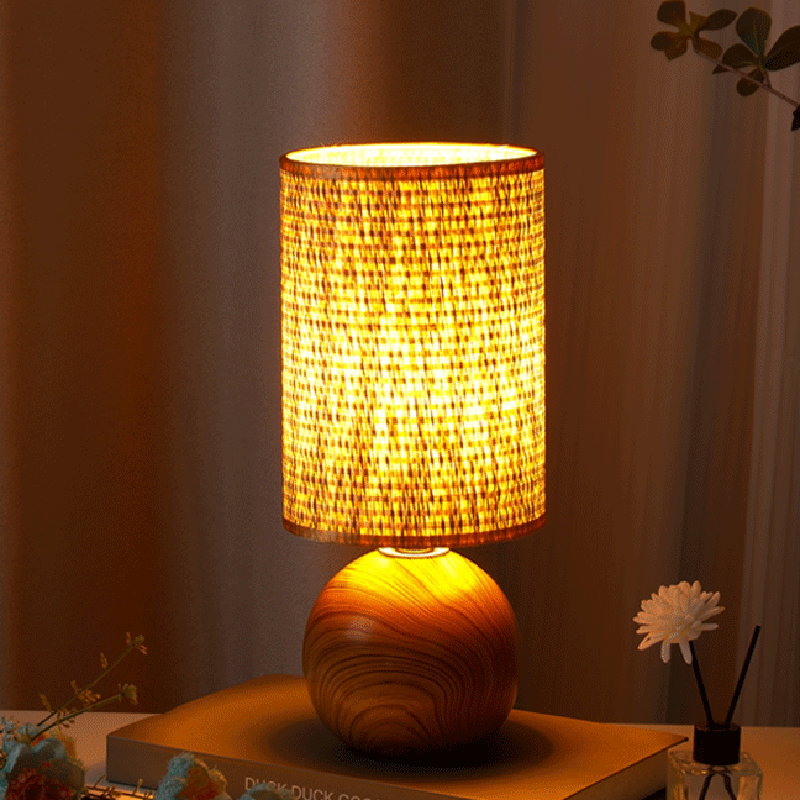 Traditional Vintage Cylinder Ball Ceramic Wood Fabric 1-Light Table Lamp For Bedroom