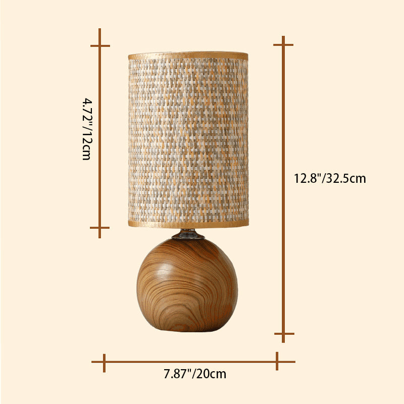 Traditional Vintage Cylinder Ball Ceramic Wood Fabric 1-Light Table Lamp For Bedroom