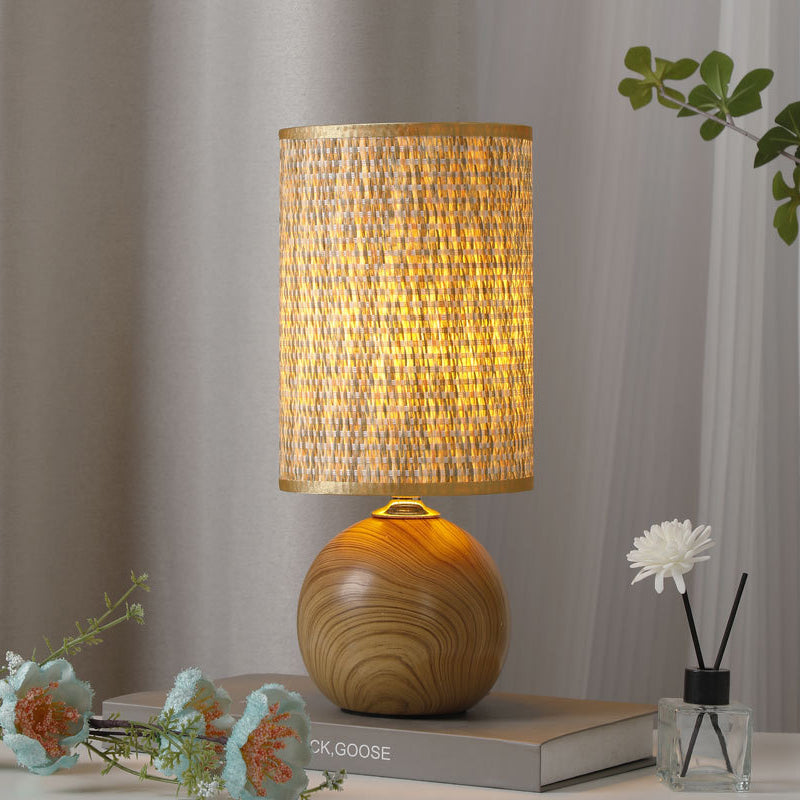Traditional Vintage Cylinder Ball Ceramic Wood Fabric 1-Light Table Lamp For Bedroom
