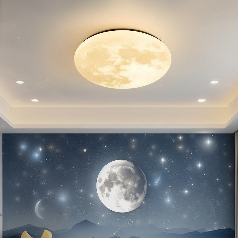 Contemporary Creative Moon Earth Semicircle Solid Wood Iron Acrylic LED Flush Mount Ceiling Light For Bedroom