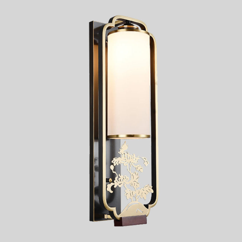 Traditional Chinese Cylinder Rectangle Plum Orchid Bamboo Chrysanthemum Iron Glass 1-Light Wall Sconce Lamp For Living Room