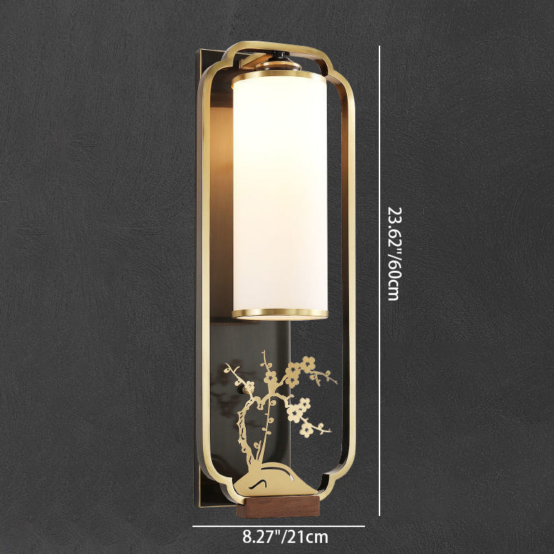 Traditional Chinese Cylinder Rectangle Plum Orchid Bamboo Chrysanthemum Iron Glass 1-Light Wall Sconce Lamp For Living Room