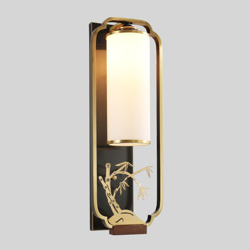 Traditional Chinese Cylinder Rectangle Plum Orchid Bamboo Chrysanthemum Iron Glass 1-Light Wall Sconce Lamp For Living Room