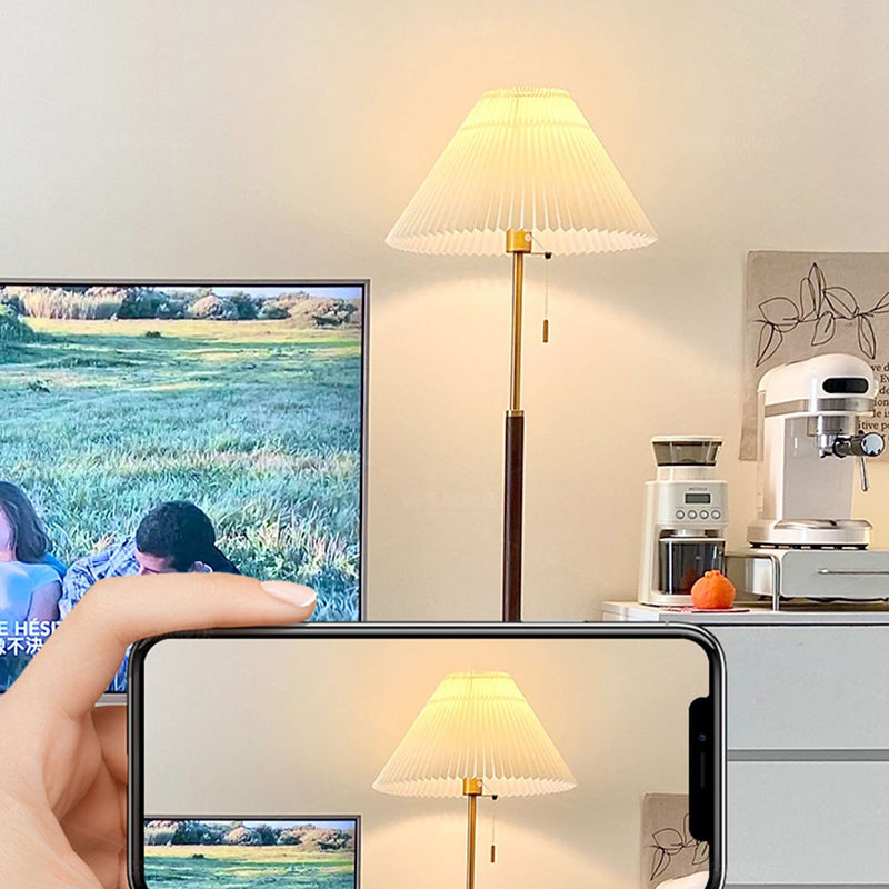 Traditional Vintage Round Table Pleated Iron Wood Fabric 1-Light Standing Floor Lamp For Living Room