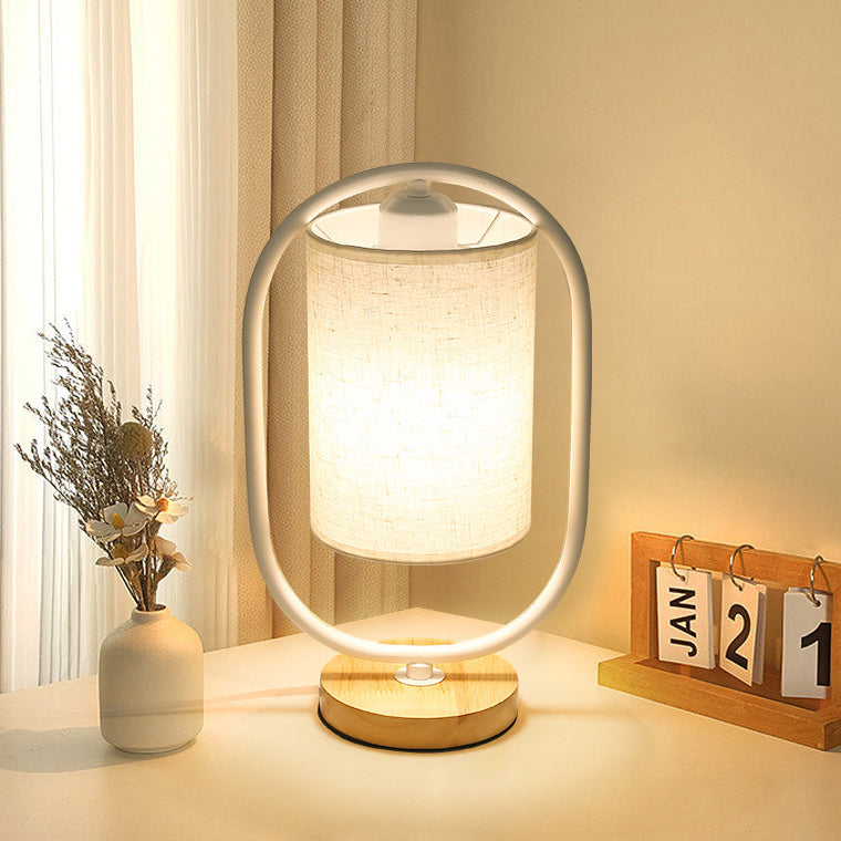 Contemporary Scandinavian Oval Cylinder Solid Wood Metal Fabric 1-Light Table Lamp For Bedroom